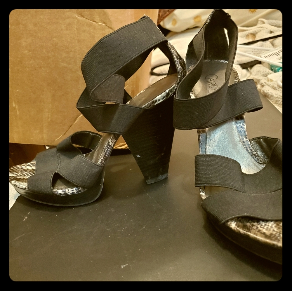Strappy snakeskin style heels. Used- great conditi
